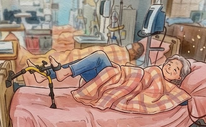 腎友洗腎時躺在床上，健身車一端抵住床尾，雙腳踩著踏板